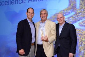 Rick Lingon (center), Vice President, Sales, of Virginia Business Systems, receives the Xerox 2014 Deal of the Year Award from John Corley (left) of Xerox U.S. Channels Group and Kurt Schmelz (right), President, Xerox U.S. Channels Group at the Xerox Partners Awards Ceremony in Miami, FL.
