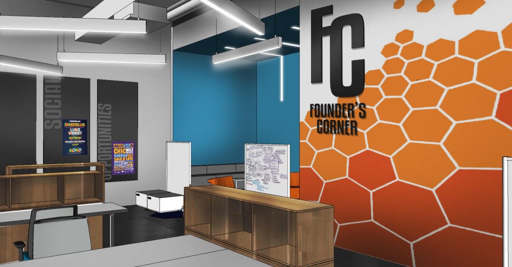 VCU plans to design a shared office space for student entrepreneurs. Renderings courtesy of VCU.