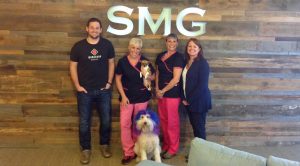 From left: Stephen Drisaldi of Workshop Digital, Dr. Lori Pasternak and Jackie Morasco of Helping Hands, and Angie Aleksa of Spurrier Media Group with Chihuahua team member Bella and ambassador dog Chilly.