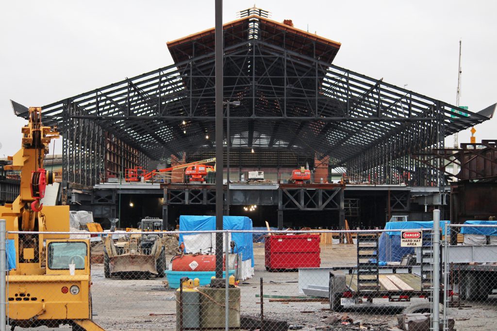 Heavy construction is underway on the exterior of the Main Street Station train shed. Photos by Jonathan Spiers.