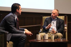 Elephant CEO Kevin Chidwick (right) spoke at the Robins School of Business in February on the University of Richmond campus. (Jonathan Spiers)