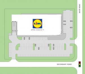 A Lidl prototype site plan requires a minimum of 3.5 acres for 36,000 square feet of store space and 150 parking spots. (Courtesy Lidl US)