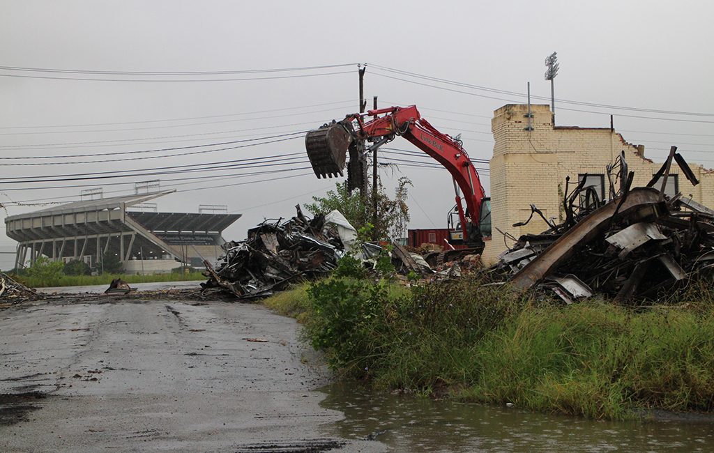 Demolition continued near The Diamond on Monday. (Jonathan Spiers)