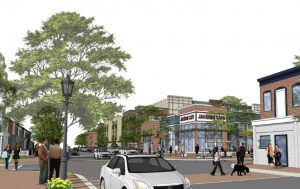A rendering of planned developments. The 2.5-acre site fills most of a city block.