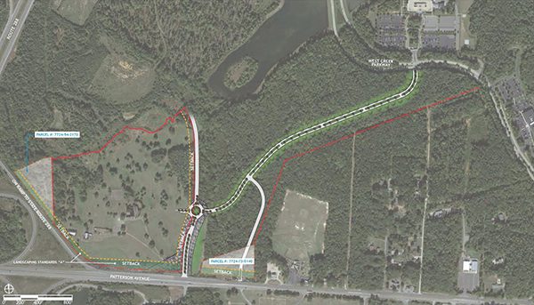 A map distributed at recent meetings shows a planned connector road between West Creek Parkway and the planned project site, outlined in red. 