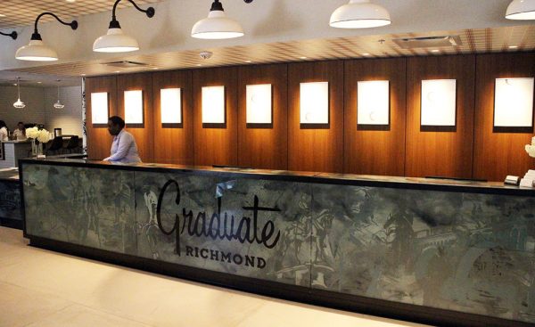 The front desk at the Graduate Richmond. 
