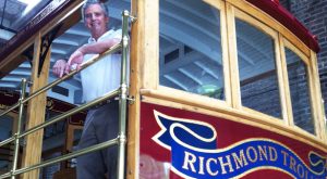 Buck Ward aboard a trolley.