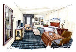 A rendering of a room in the Charlottesville Graduate Hotel. 