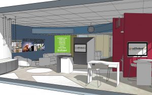 The plans for the new branch call for self-service kiosks, space for a traditional teller, meeting areas and a tech space. Rendering courtesy of Call FCU.
