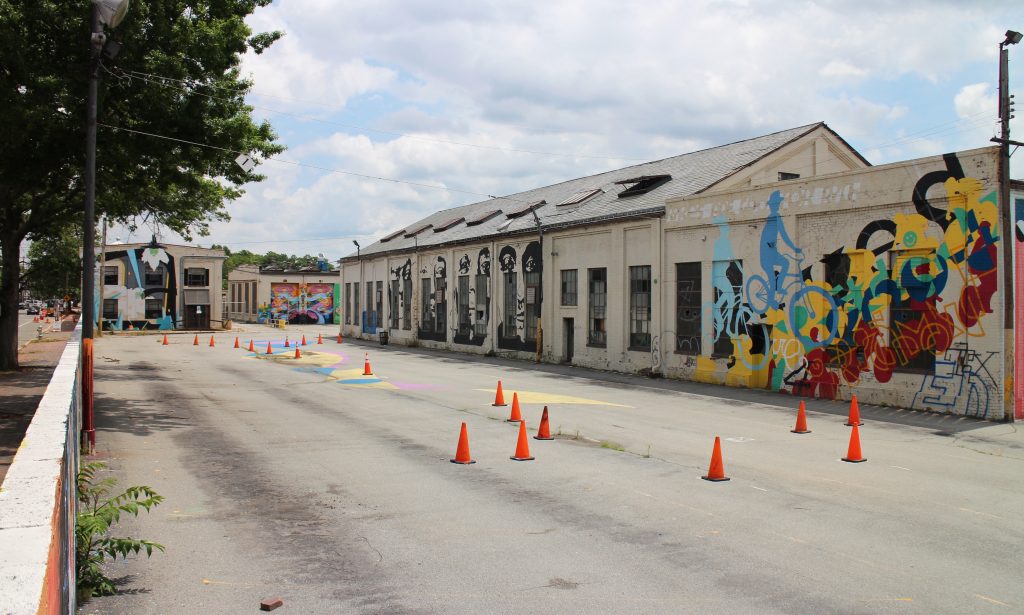 The bus depot's nine vacant buildings are covered in murals. Photos by Michael Thompson.