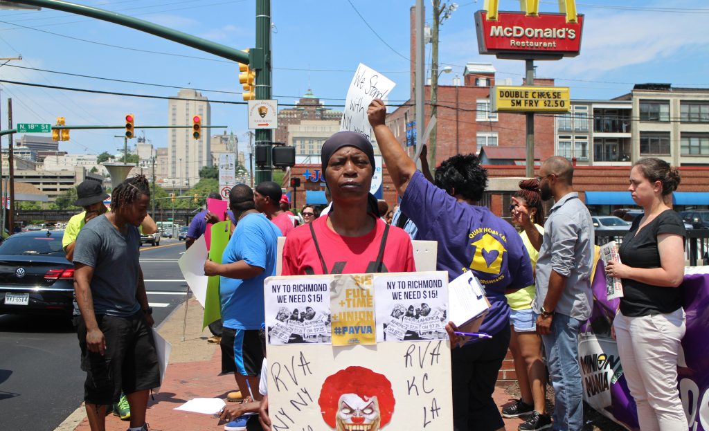 Rolandah McMillan joined in the call for raising fast-food workers' minimum wage Thursday. Photos by Michael Thompson.