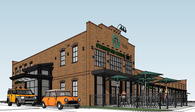 A rendering of the forthcoming Starbucks at GreenGate. Courtesy of Baskervill. 