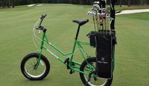 The Golf Bike features a built-in club bag and space for a cooler.