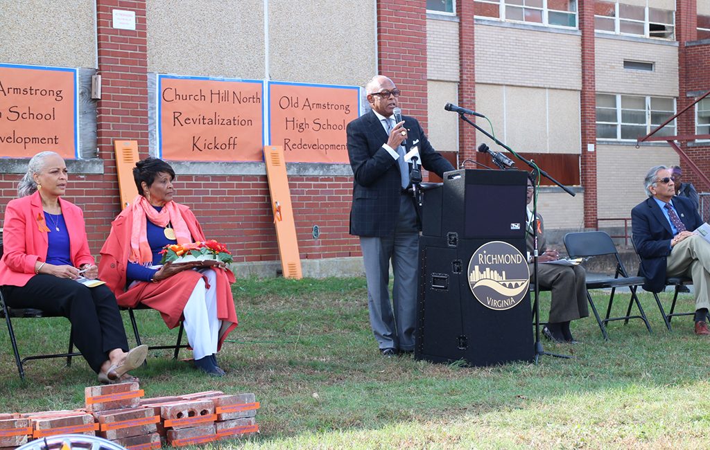 Mayor Dwight C. Jones speaks at the groundbreaking ceremony for Church Hill North, which will replace the school with a 256-unit housing subdivision. (Jonathan Spiers)