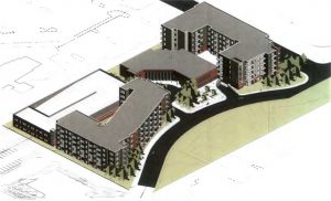 A rendering shows how the two apartment buildings and parking deck would be built around the existing building.