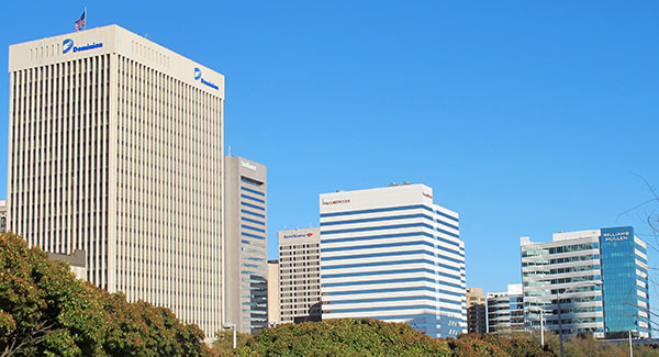 Dominion, left,  SunTrust, Bank of America, McGuireWoods and Williams Mullen are among the names that punctuate the Richmond skyline.