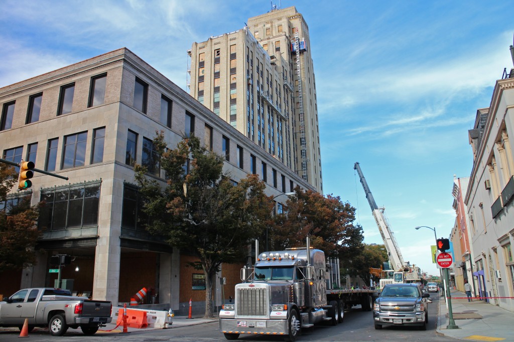 Work is ongoing at the Central National Bank redevelopment. 